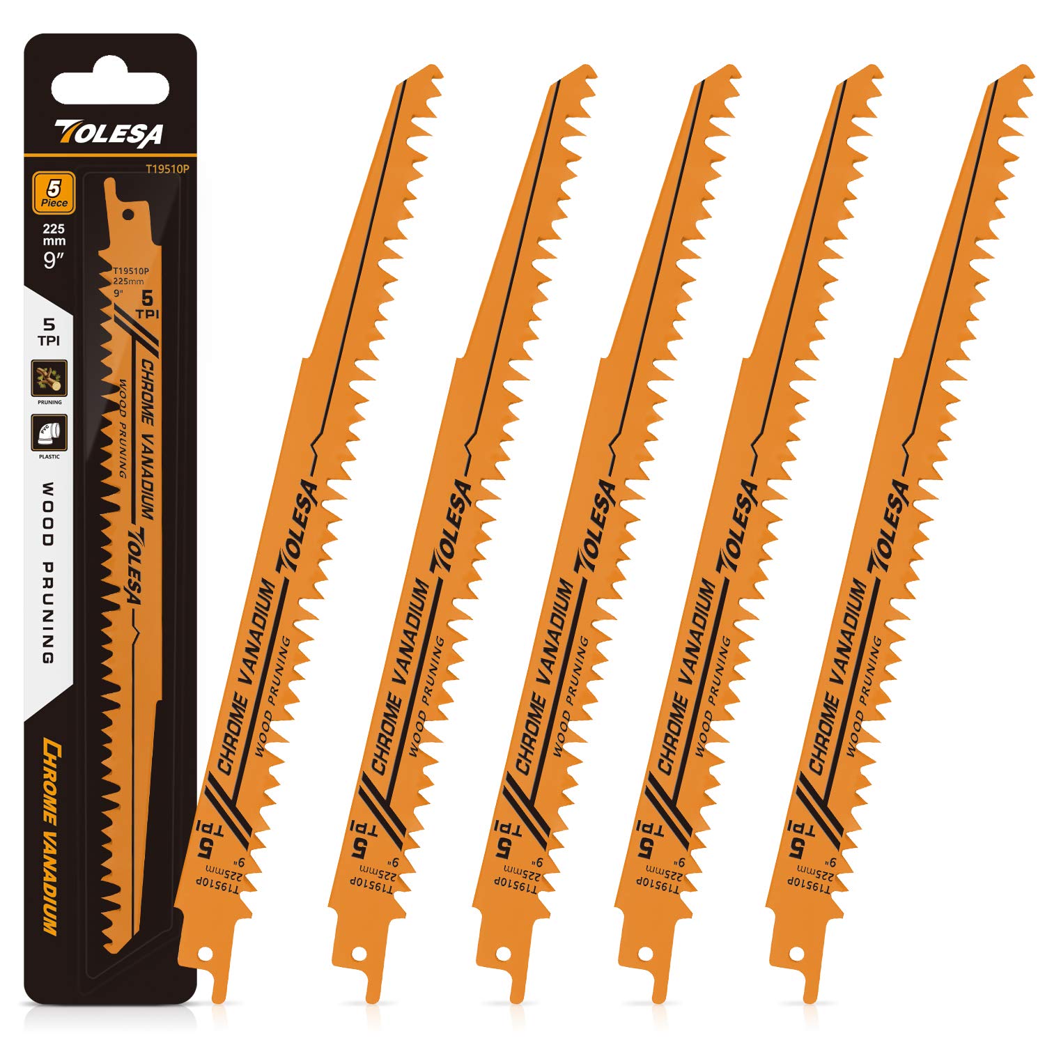 TOLESA Wood Pruning Reciprocating Saw Blades 225mm 5TPI Sawzall Blades Green Wood Construction and PVC Pipe Cutting CRV Sharp Ground Teeth for Quick Cutting Sabre Saw Blades 5 Pack