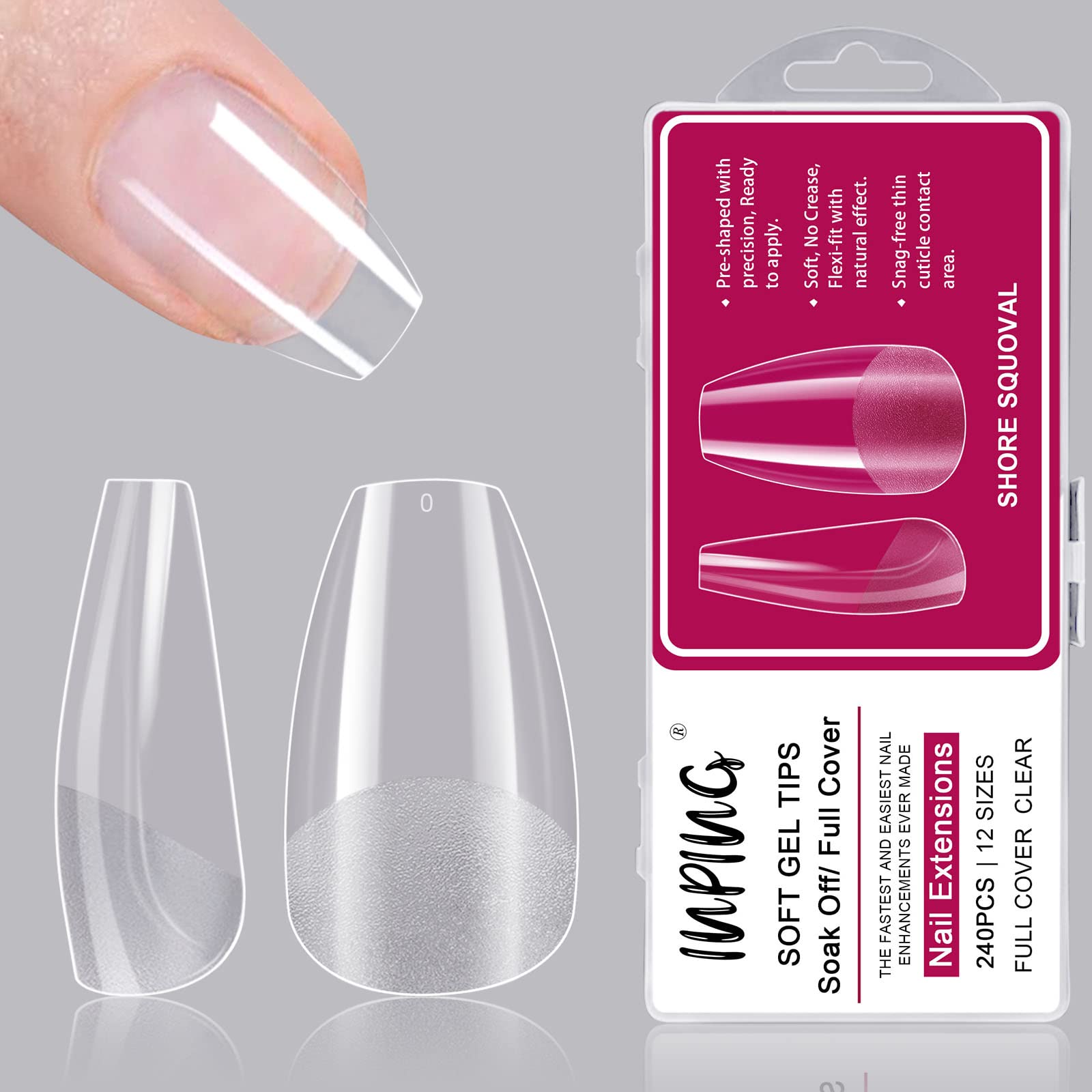 INPING Short Nail Tips, 240PCS Soft Gel Full Cover Pre-Shaped Traceless Clear Tip for Gel Extensions for Women Home DIY French Nail Manicure Kit, 12 SIZES, Short Squoval