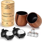 Charred Wooden Bourbon Drinking Glass Set of 2,11oz Handcrafted Premium Acacia Whiskey Tumbler,4 Stones & 2 Ice Ball Molds,Charred Old Fashioned Glass,Unique Bourbon Gifts for Men (2 Pack Charred)