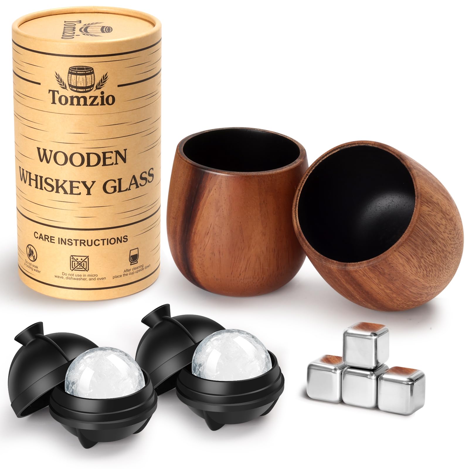 Photo 1 of Charred Wooden Bourbon Drinking Glass Set of 2,11oz Handcrafted Premium Acacia Whiskey Tumbler,4 Stones & 2 Ice Ball Molds,Charred Old Fashioned Glass,Unique Bourbon Gifts for Men (2 Pack Charred)