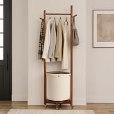 Solid Wood Coat Rack Tree Freestanding with Fabric Basket 68.31" Walnut | 3A FAS Rubberwood,4 Wheels,9 Hooks,Storage Organizer,Small Modern Clothes Coat Rack Hanging for Bedroom Entryway Living Room