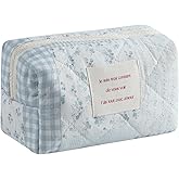 uekeboag Small Cute Floral Quilted Cotton Makeup Bag,Mini Coquette Quilted Cosmetic Pouch with Zipper,Kawaii Travel Toiletry Bags for Purse(01 Blue checked Flower)