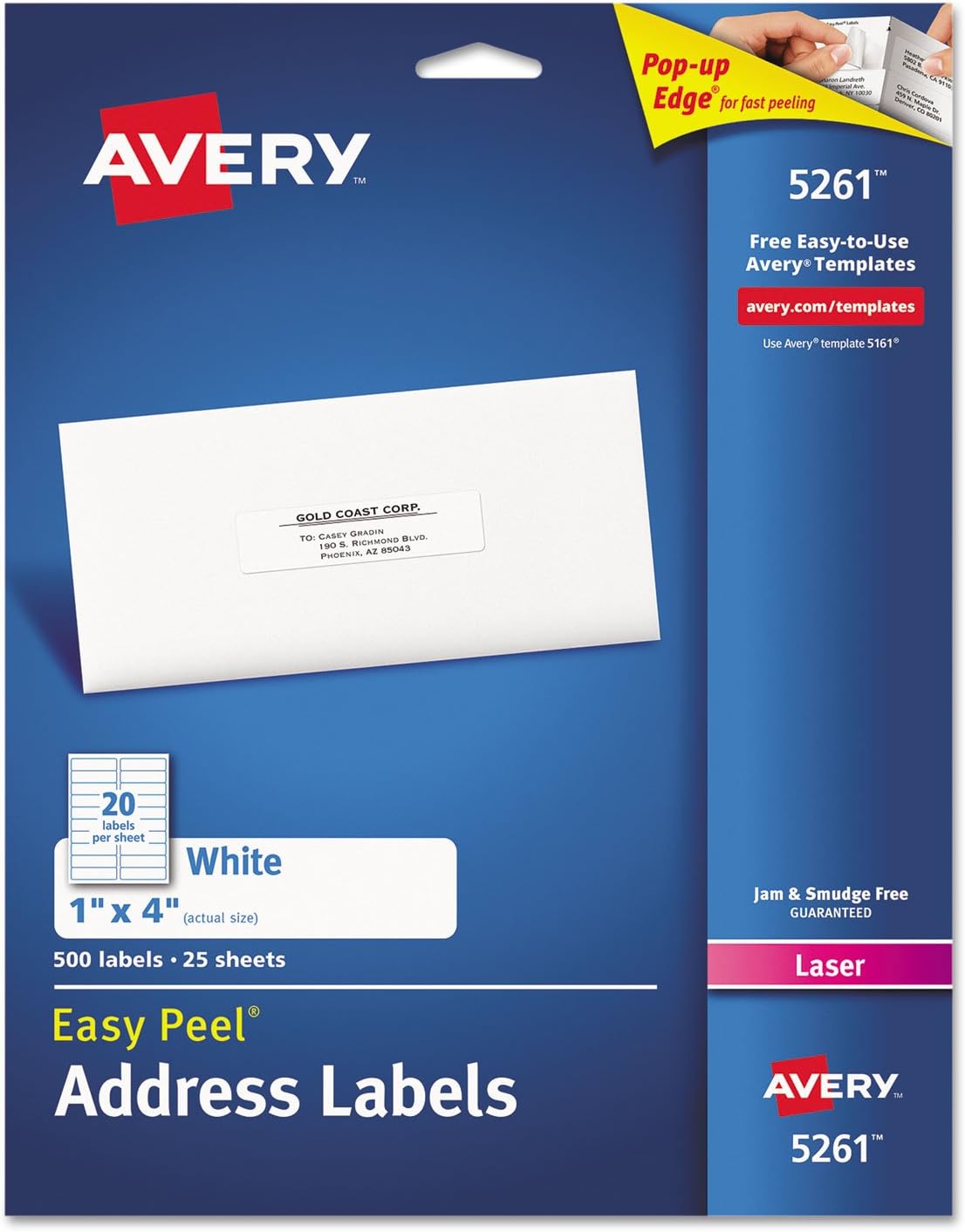 Avery Easy Peel 1 x 4 Inch White Mailing Labels 500 Count (5261