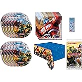 Transformers Birthday Party Supplies Bundle Pack includes 16 Lunch Plates, 16 Napkins, 1 Table Cover, 1 Dinosaur Sticker Sheet (Bundle for 16)