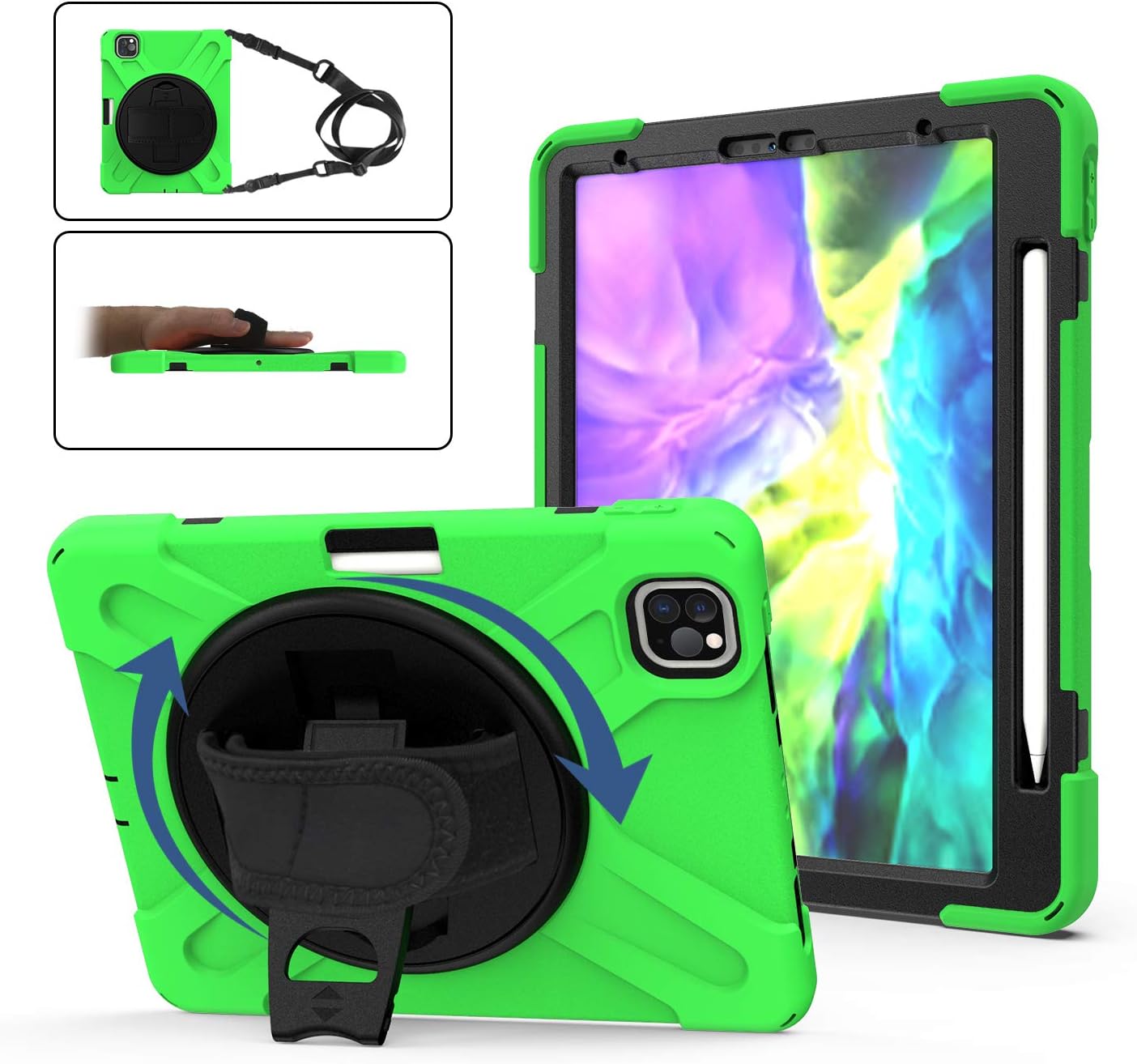 TH000 Rugged Case for iPad Pro 11 2020 Kids Friendly Shockproof Heavy Duty Protective 11-inch Cover with Pen Holder/Kickstand/Rotatable Hand Strap/Adjustable Shoulder Strap