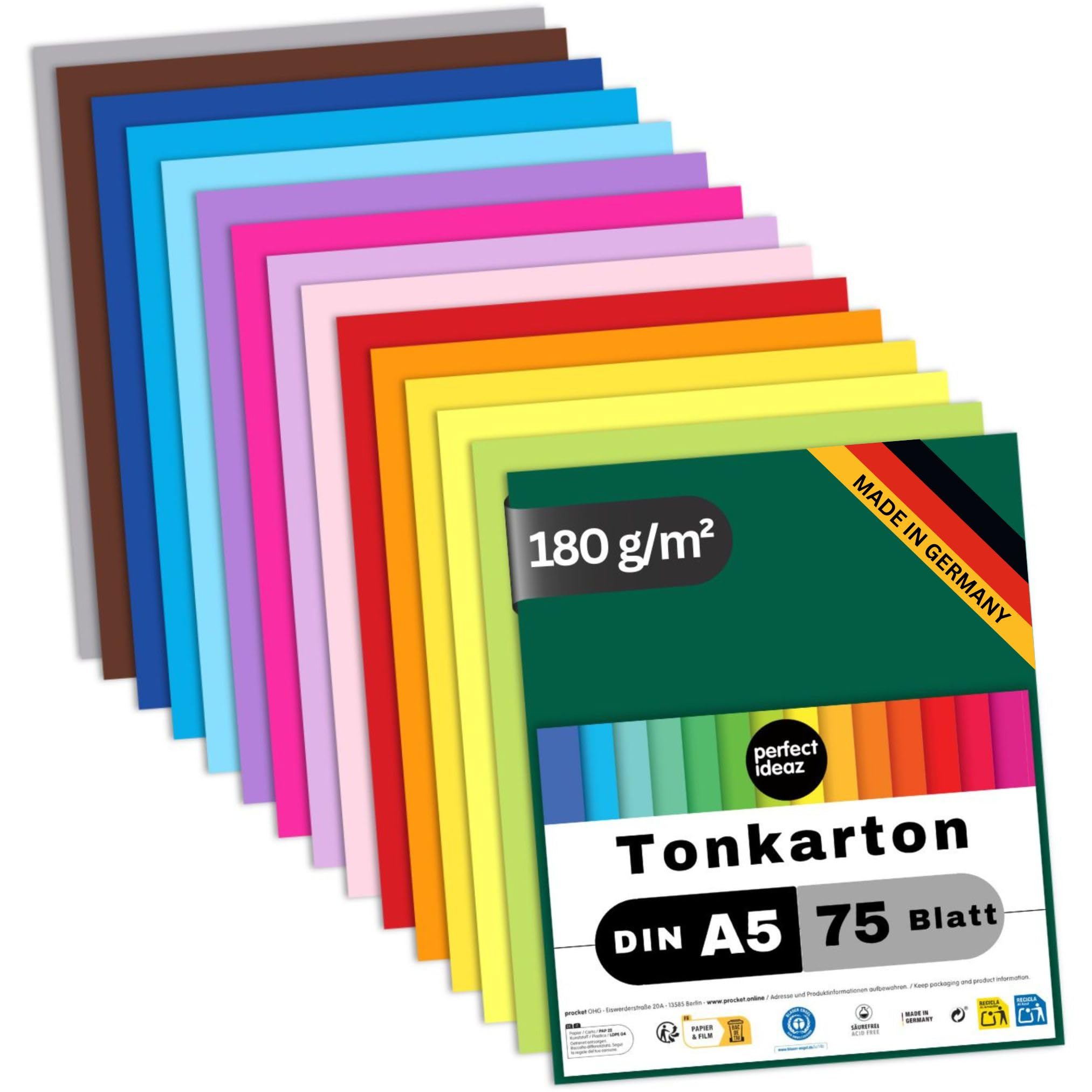 perfect ideaz 75 Sheets of A5 Construction Paper, 15 Colors, 180 g/m², Made in Germany, Blue Angel Certified