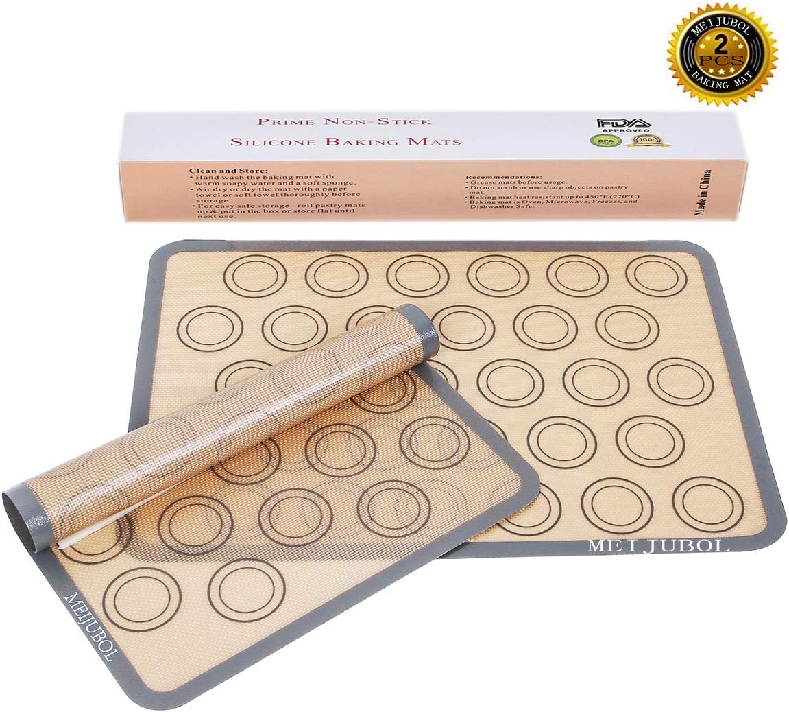 MEIJUBOL Silicone Baking Mat Set of 2 Half Sheet (16-1/2" x 11-5/8") Non Stick Heat Resistant BPA Free Macaroon Mat Pan Tray Liner for Bake Pastry Cookie Bread