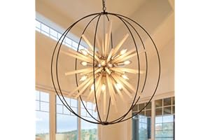 TACDANDM 31.5" Black Gold 16-Light Globe Sputnik Chandelier Modern Industrial Adjustable Hanging Ceiling Pendant Light Fixture for Entryway Foyer Stairway Dining Living Room Hallway