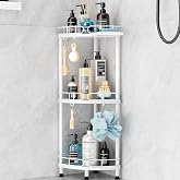 SWTYMIKI Corner Shower Caddy Standing - 3 Tier Stainless Steel Shower Organizer Stand with 4 Hooks &amp; Soap Holder, Rustproof Metal Standing Tall Floor Shower Shelf and Bathroom Organizer, White