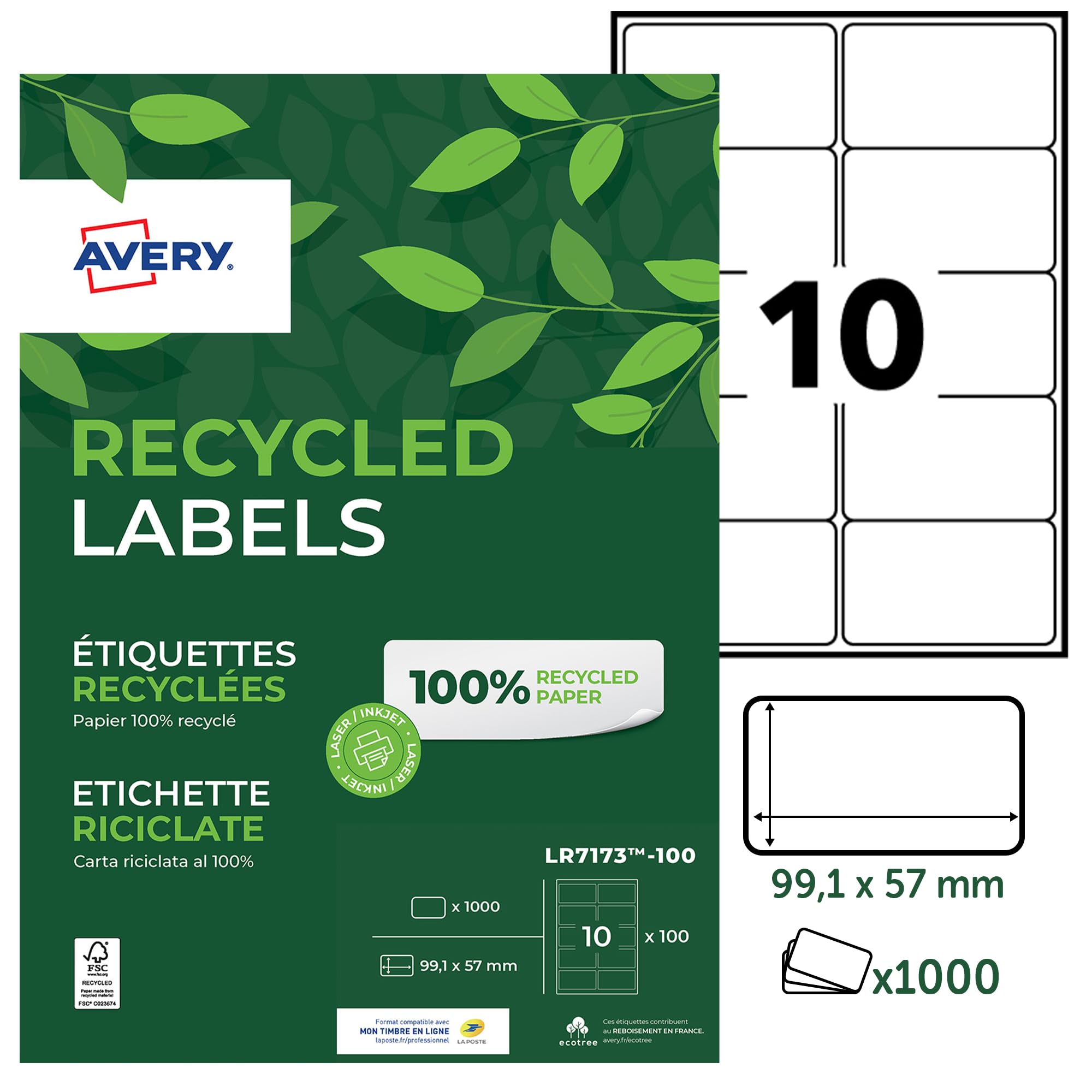 Avery - Avery Box of 1000 Recycled Address Labels 99.1 x 57 mm Laser (LR7173-100) White