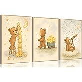 3Pcs Bear Nursery Wall Art Cute Teddy Bear with Stars and Moon Poster Animals Playing with Stars and Telescope Neutral Baby Room Decor Dreamy Prints for Kids and Babies Bedroom 8x10in Unframed