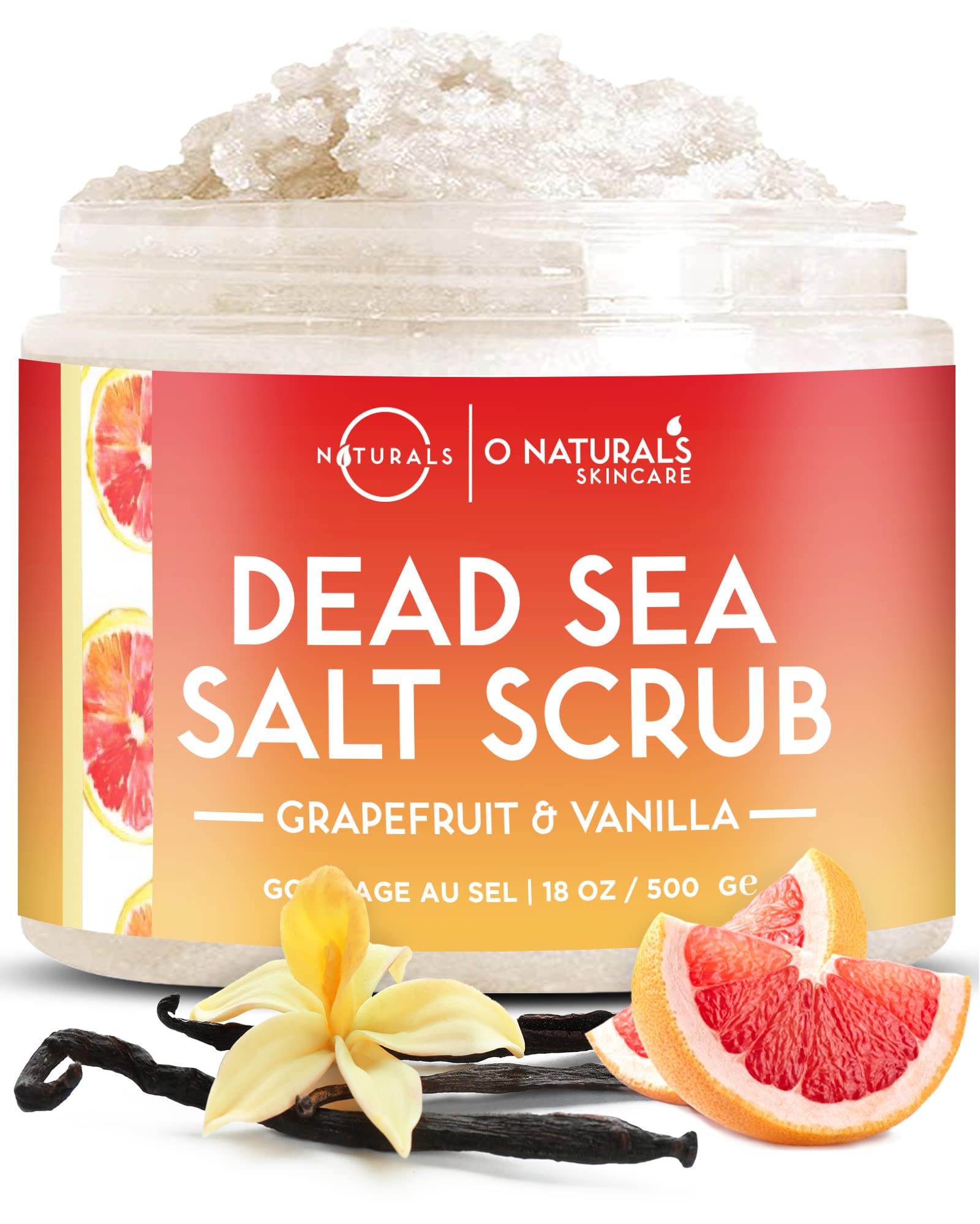 O Naturals Exfoliating Dead Sea Salt Grapefruit Essential Oil Face Body & Foot Scrub. w/Vanilla &. Hydrating Exfoliate Dead Skin, Men & Women Scrub 18oz