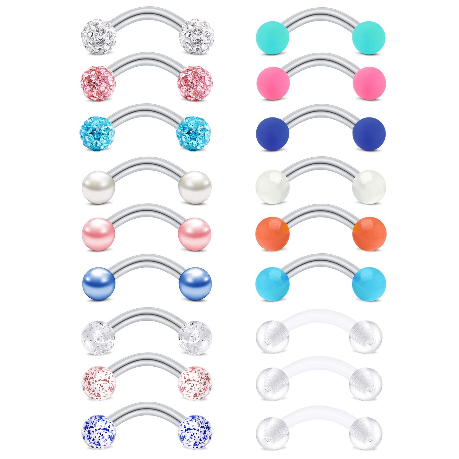 Rajnard Eyebrow Bar Rook Earrings 16G Surgical Steel Curved Barbell 6mm Cristal Ball Pearl Rook Piercing Jewellery Retainer For Women Girls 18Pcs