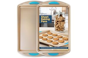 PERLLI Cookie Sheet Baking Pan 2 Piece Set, Gold Nonstick Trays with Blue Silicone Hand Grips Oven Bakeware Pans Set, Premium Quality Carbon Steel Baking Tray Sheets
