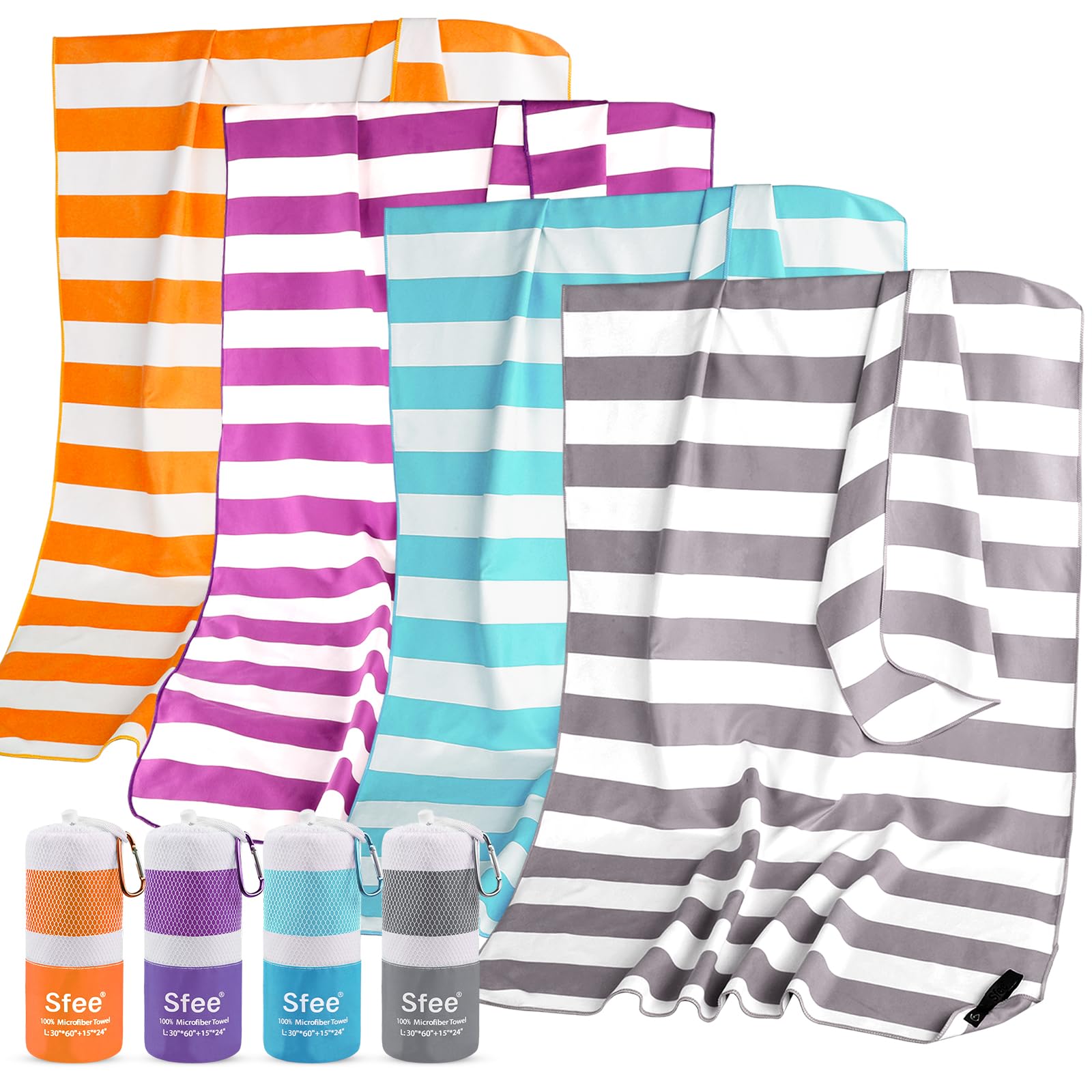 Sfee 2 Pack Microfiber Travel Towel, Quick Dry Towel Camping Towels, Super Absorbent Compact Lightweight Sport Towel Soft Striped Beach Towel for Pool, Bath, Travel, Hiking, Gym, Yoga, Backpacking