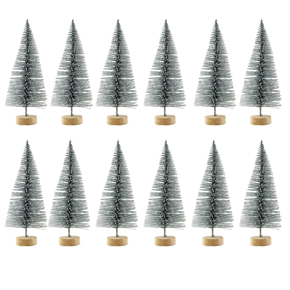 12 Pieces Mini Christmas Trees Snow Frost Trees Bottle Brush Trees Plastic Winter Snow Ornaments Tabletop Trees for Xmas Party Diorama Models Glitter Small Trees, Silver 8.5cm