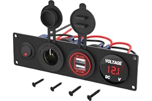 RVMARINEPAT 4 in 1 12V USB Panel with LED Voltmete & Dual USB Charger Socket Power & Cigarette Lighter Socket & Red LED Light