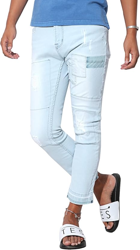 Amazon ダメージリペアストレッチカットオフデニムパンツ デニム パンツ メンズ アンクル サックスm ジーンズ 通販