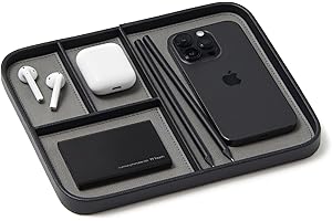 Nordik Leather Valet Tray - Pebble Black - 24 x 20 centimeters - Medium Vegan Leather Tray - Stylish Nightstand Organizer for