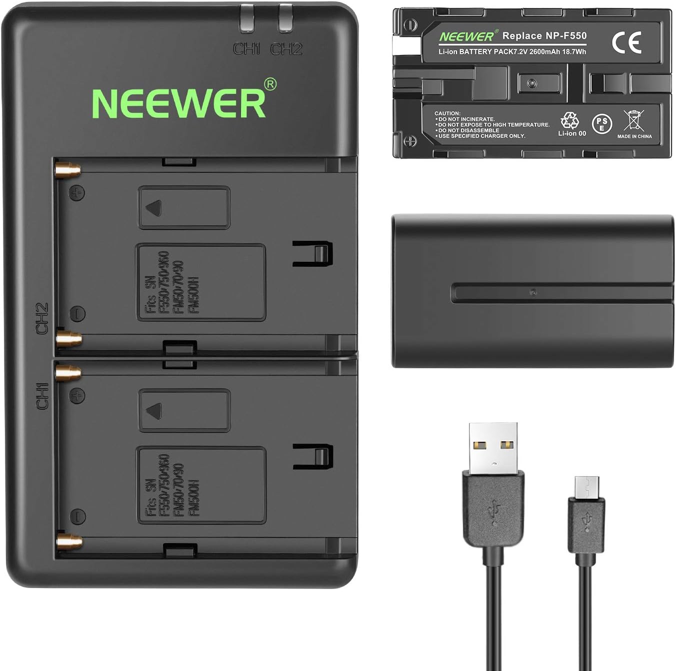Neewer NP-F550 Battery Charger Set for Sony NP F970,F750,F960,F530,F570,CCD-SC55,TR516,TR716,and More (2-Pack Replacement Battery, Dual Slot Charger): Camera & Photo