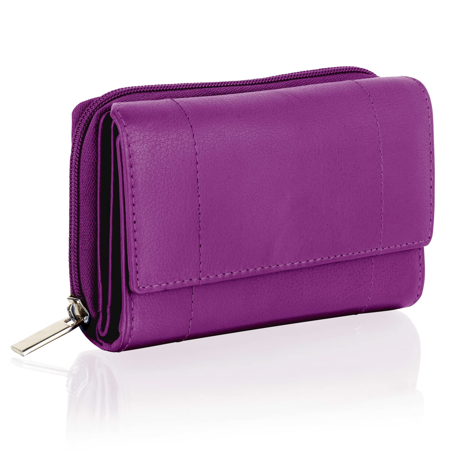 Woodland Leathers Purses for Women, Real Leather RFID Protection Small Purse Wallet with Card and Zip Coin Pockets (Purple)