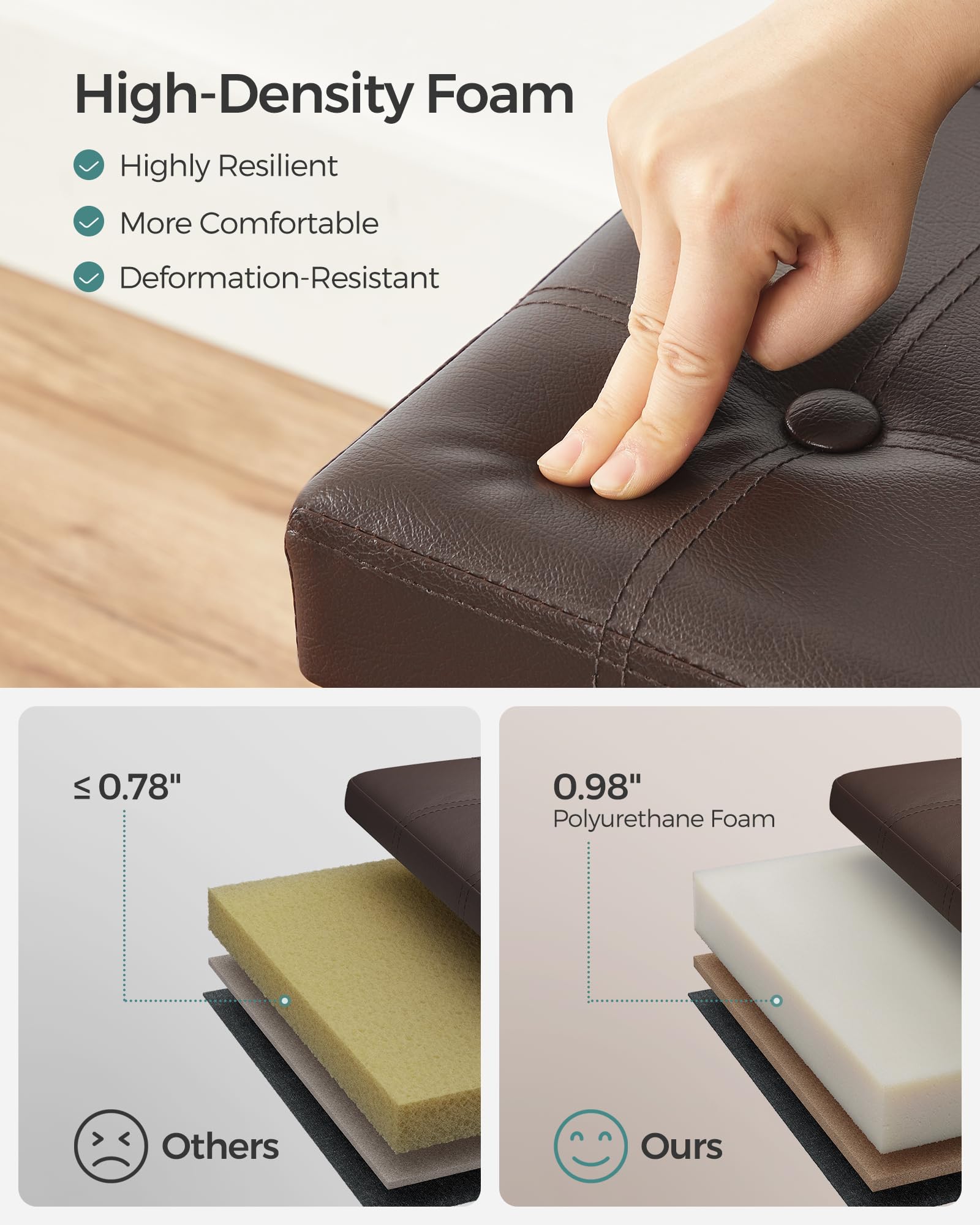 SONGMICS 15 Inches Ottoman with Storage, Footstool, Storage Ottoman with Metal Grommet Handles, Synthetic Leather, 660 lb Load Capacity, for Dorm Room, Living Room, Bedroom, Brown ULSF30Z