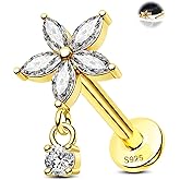 Jewseen 925 Sterling Silver Helix Piercing Jewelry 16G Flat Back Cartilage Earrings Studs Internally Threaded Cartilage Piercing Jewelry Floral 14K Gold Plated Helix Earring for Women