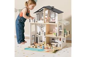 BIERUM Wooden Dollhouse, Large Modern Doll House with 49Pcs Furniture Accessories, Dolls & Pets, DIY Puzzle Pool Yard, Wood Dollhouse Toy for Toddlers 3+, Ideal Gift for Boys and Girls (Black)