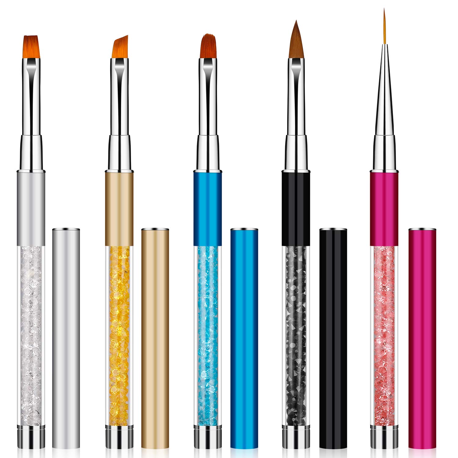Nail Art Brush Pen Gel Nails Painting Pen Nail Art Liner Brush Pen Set with Crystals for DIY Nail Art 5 Pack