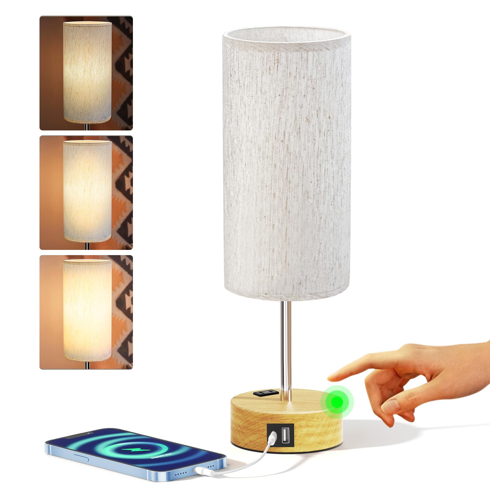 Photo 1 of KPQ Small Bedside Lamp Touch Control Table Lamp with USB A+C Charging Ports & AC Outlet 3-Way Dimmable Nightstand Lamp with Linen Fabric Shade for Bedroom Living Room