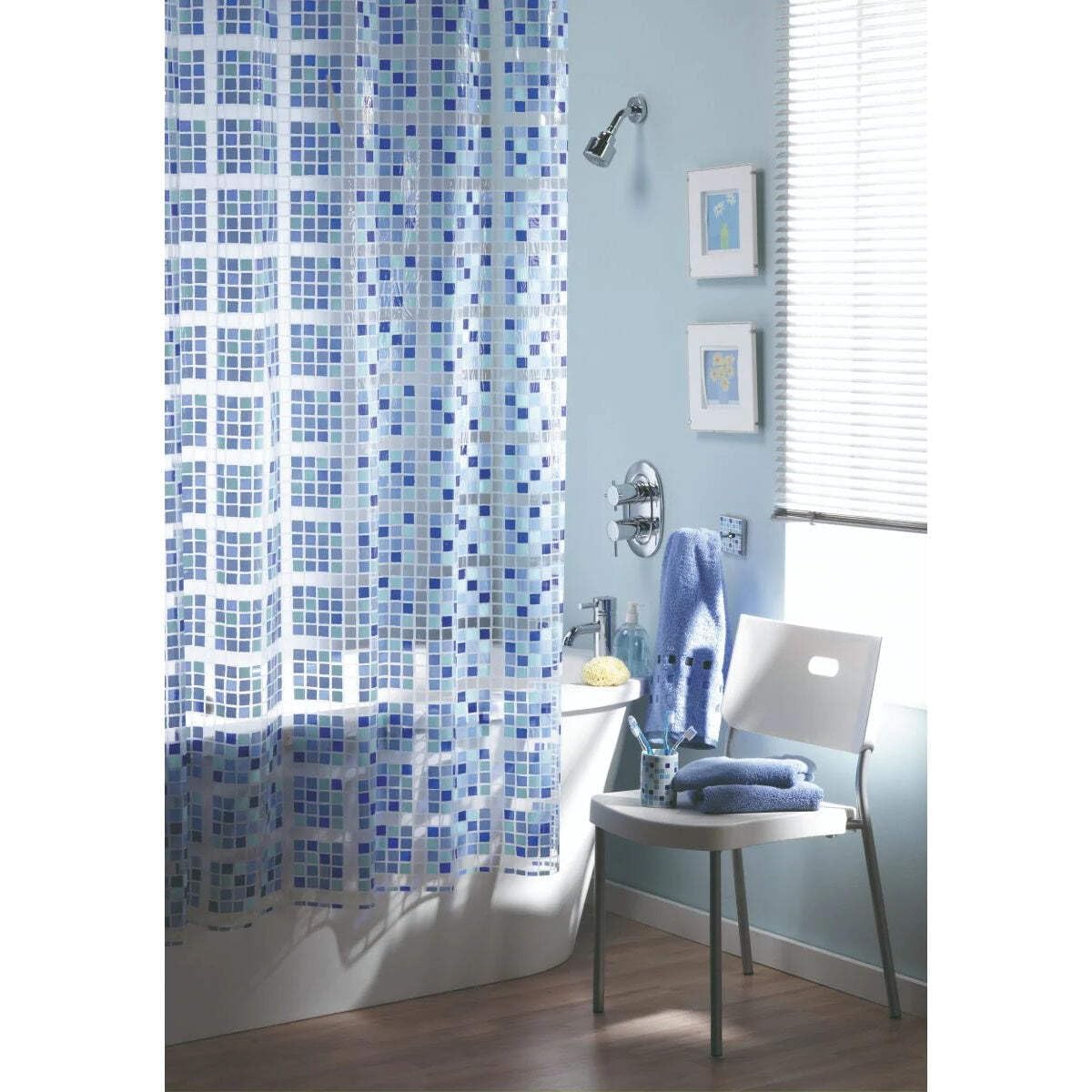 Blue Canyon Mosaic Blue Shower Curtains | 100% Peva Shower Curtain | Anti-Bacterial Surface Treatment | Water Repellent| Weighted Hem | 180 X 180cm | 12 Reinforced Eyelets with Hooks (Blue) — image 1