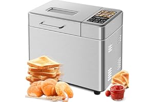 SEEDEEM 16 in 1 Bread Machine, 2.2LB Stainless Steel Bread Maker with Fruit and Nut Dispenser, Nonstick Ceramic Pan, 3 Crust Colors, 3 Loaf Sizes & Touch Panel Recipes, Silver