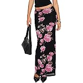 ZREQV Women's Maxi Skirt Mesh Floral Print Casual High Waisted Elastic Bodycon Fishtail Hem Vacation Long Skirts