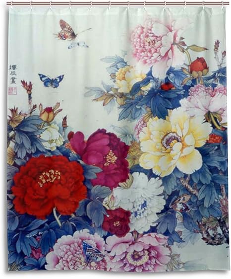 Amazon マキク Makiku シャワーカーテン 防カビ おしゃれ リング付属 名画 水墨画 花柄 バスカーテン 防炎 環境にやさしい 目隠し洗面所 間仕切り 取付簡単 150ｘ180 シャワーカーテン ホーム キッチン オンライン通販