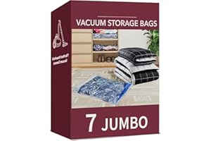 Vacuum Storage Bags – 7 Jumbo Space Saver Compression Bags for Clothes, Pillows, Comforters, Blankets & Bedding | Durable Pla