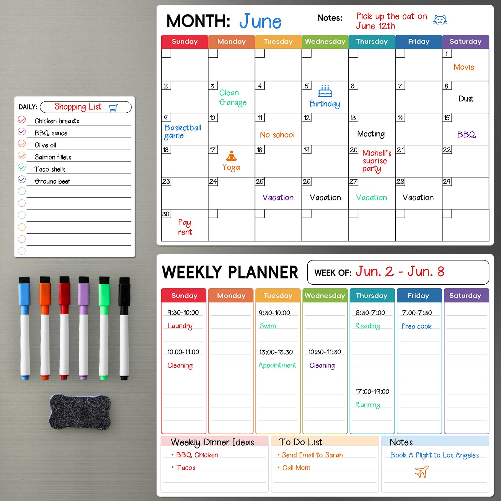 Photo 1 of 3 Pack Dry Erase Magnetic Calendar for Refrigerator - Monthly, Weekly, Daily Calendar With 6 Markers - Magnet Fridge Whiteboard for Reminder, Menu Meal Planner, Shopping, To Do List - Style 1