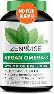 Zenwise Vegan Omega-3 Plant Based Fish Oil Alternative Marine Algal Source  for EPA and DHA Fatty Acids - Burpless Supplement for Brain Health, Joint  Support, Immune System, Heart \u0026 Skin - 120 ct : Health \u0026 Household