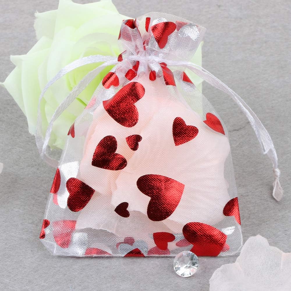 100 Bolsas de Organza Bolsitas Tul con Corazón Saquitos Arroz Regalo Joyas Caramelo Dulces