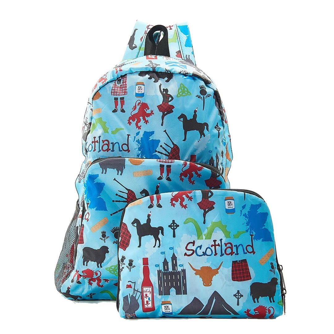 ECO CHIC Lightweight Foldable Water Resistant Backpack Rucksack Folds into Pouch for Storage (Scottish Montage Blue)