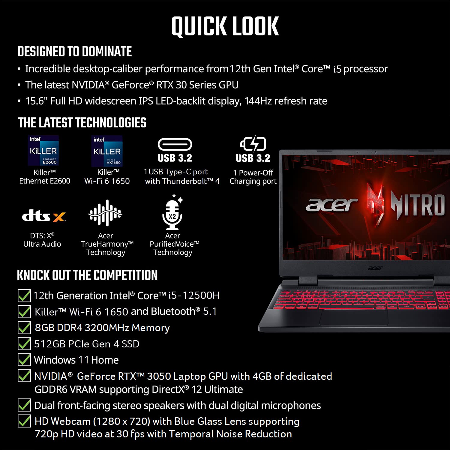 Acer Nitro 5 AN515-58-525P Gaming Laptop |Core i5-12500H | NVIDIA GeForce RTX 3050 Laptop GPU | 15.6\" FHD 144Hz IPS Display | 8GB DDR4 | 512GB PCIe Gen 4 SSD | Killer Wi-Fi 6 | Backlit Keyboard, Black