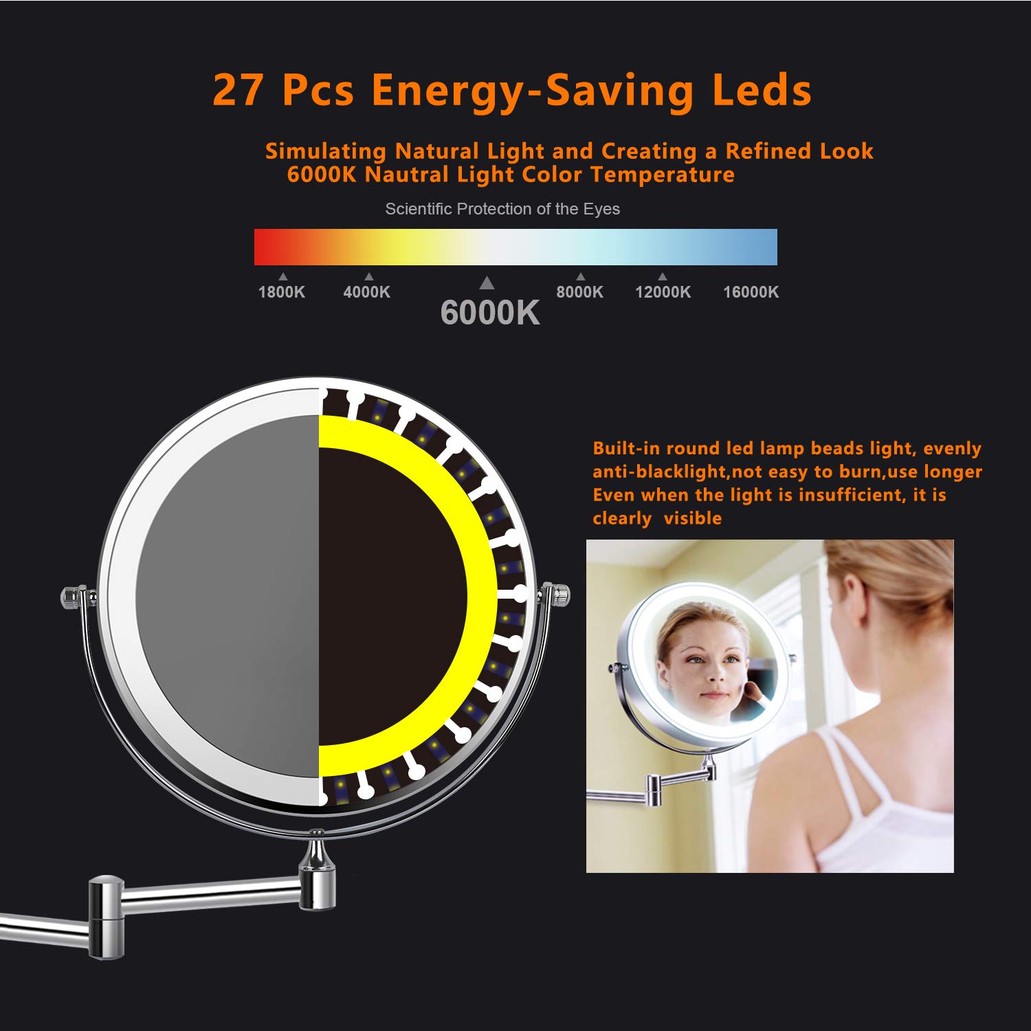 ZEPHBRA 8" LED Wall Mounted Makeup Mirror Touch Screen Adjustable Light Double Sided 1X/5X Magnifying Vanity Mirror Swivel Extendable for Bathroom Hotels Powered by Batteries (Not Included) (Silver): Beauty