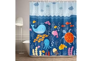 JAWO Cartoon Sea Creatures Fabric Shower Curtain for Kids, Under The Sea Bluey Whale Turtle Fish Kids Toddler Bathroom Decor Ocean Curtain for Girls Boys Washable Shower Curtain Set with Hooks 72X72