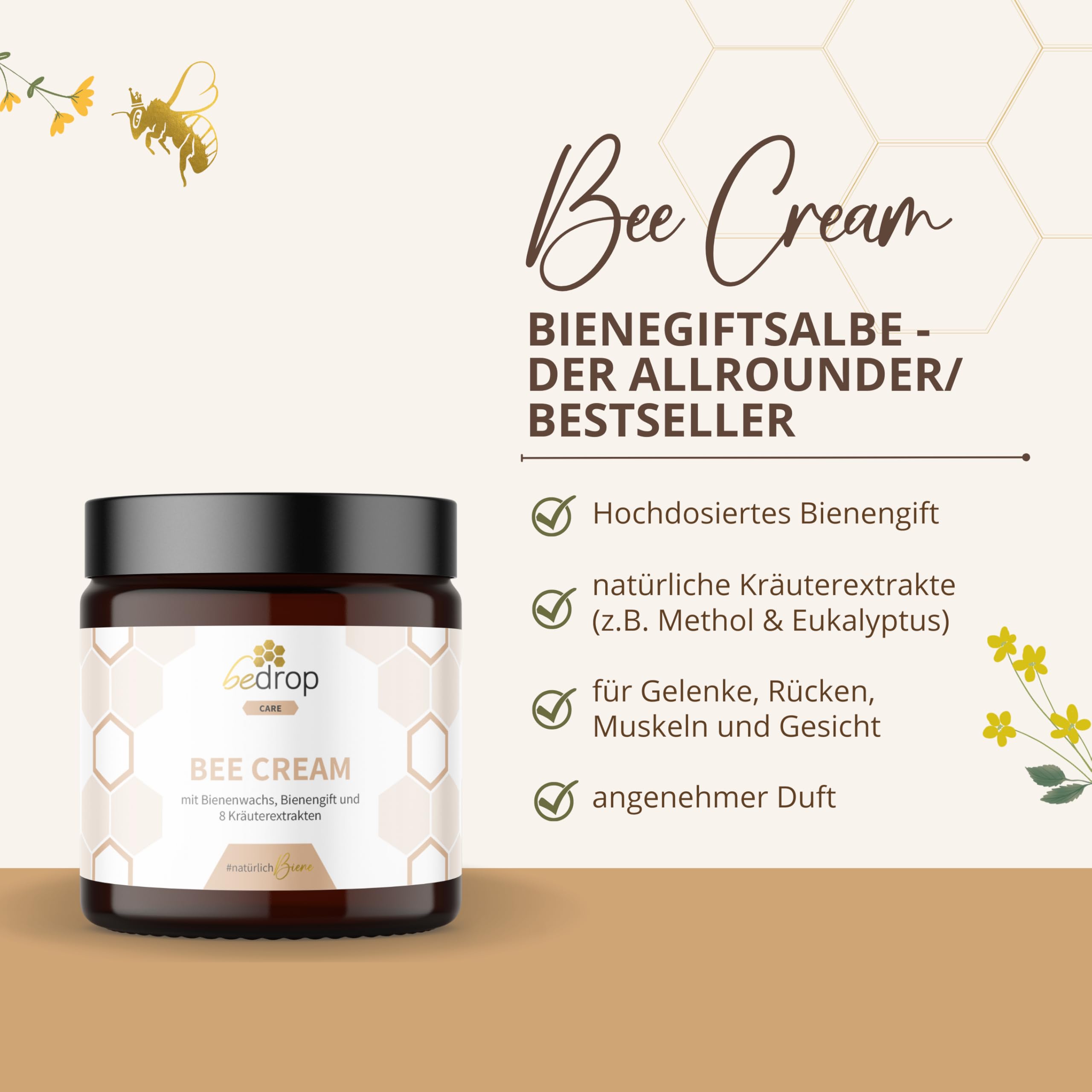 bedrop Bee Cream Bienengiftsalbe hochdosiert (kühlend & wärmend) - Bienengiftcreme mit Bienenwachs & 8 Kräuterextrakten u.a. Aloe Vera, Ringelblume, Eukalyptus und Rosskastanie (3x 100g Sparset)