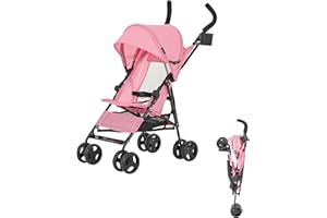 Dream On Me Rover Convenience Baby Stroller – Lightweight & Compact Travel Umbrella Stroller, Quick One-Hand Fold, Lockable Rear Wheels, Adjustable Canopy, 3-Point Safety Harness & Cup Holder - Pink