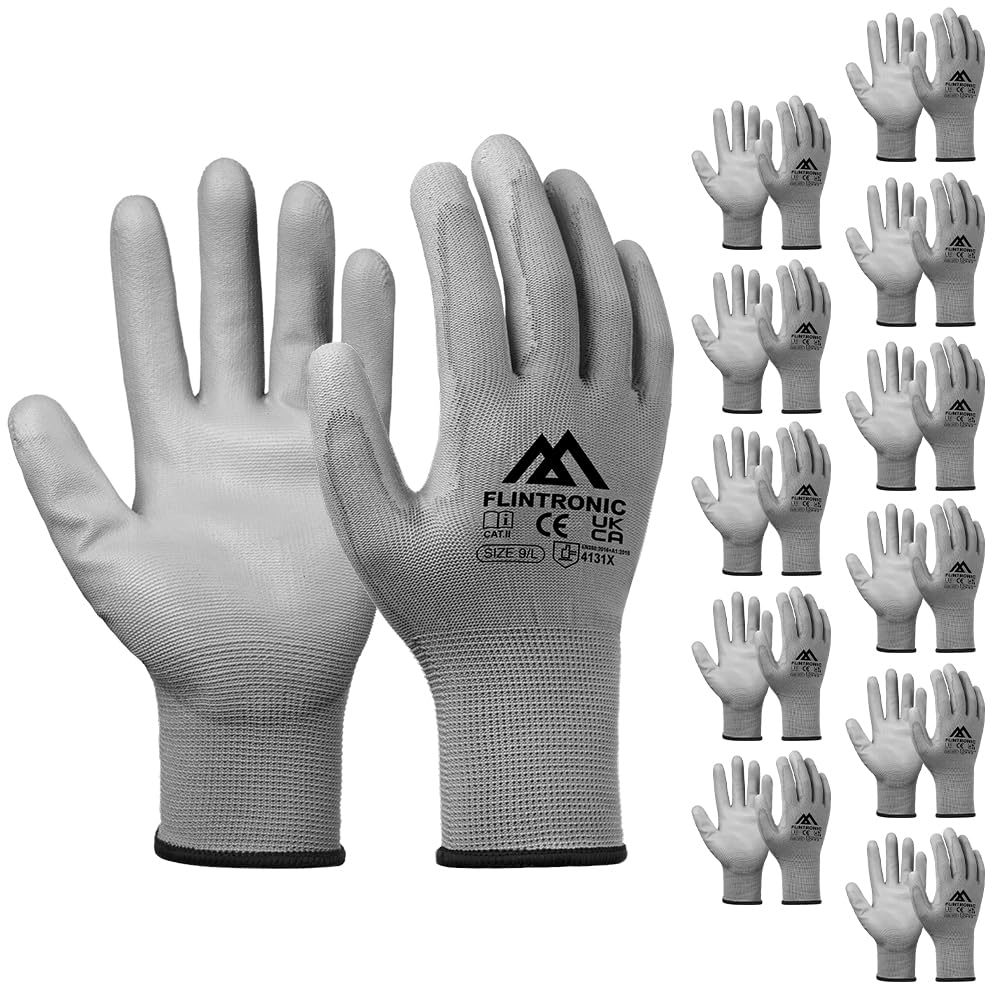 Flintronic 12-Pair PU-Coated Non-Slip Safety Work Gloves - Firm Grip for General Duty and Gardening (L - Size 9, Gray)