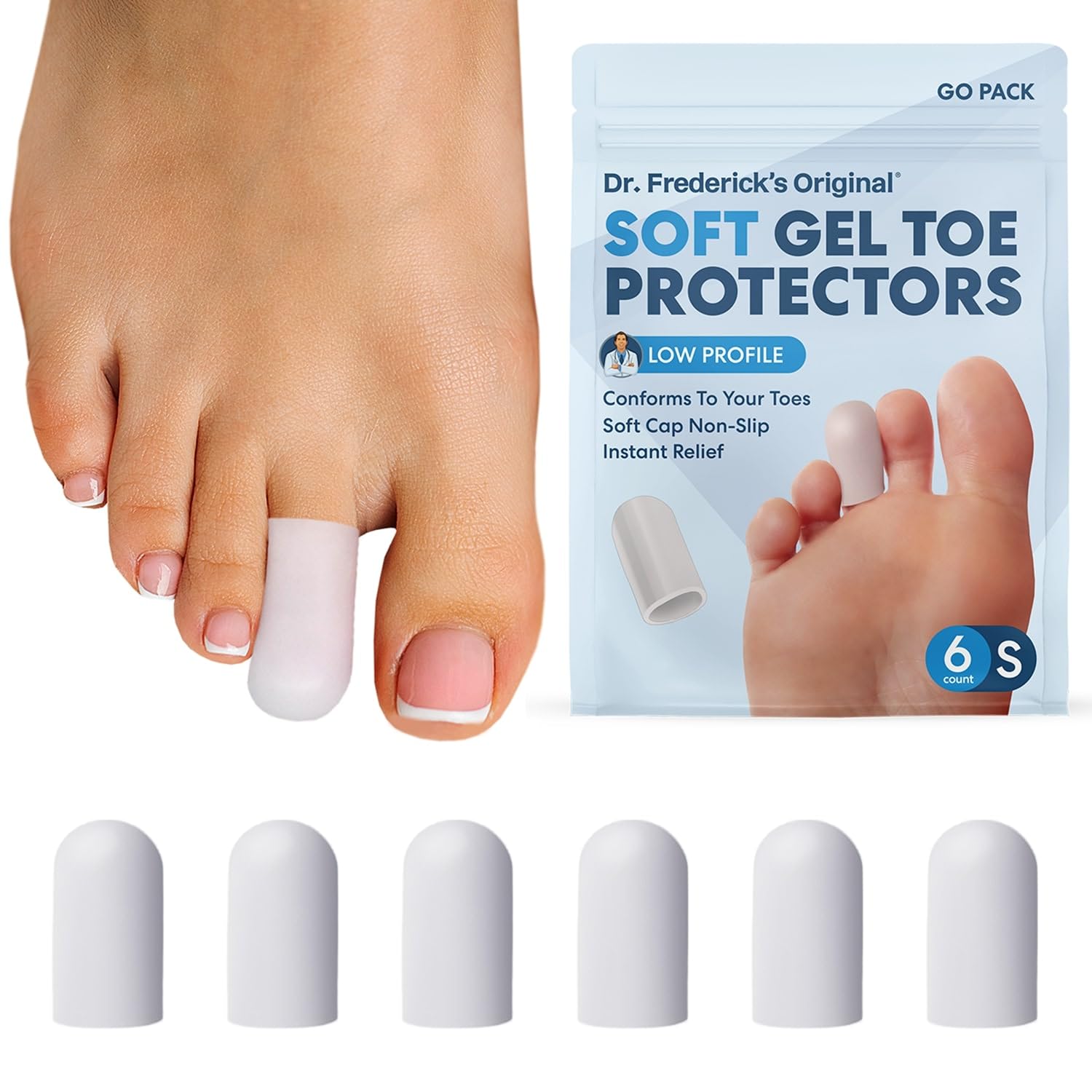 Dr. Frederick's Original Gel Toe Caps - 6 Pieces - Toe Guards for Protection of Ingrown Toenails, Corns, Calluses, Blisters, and More - Small