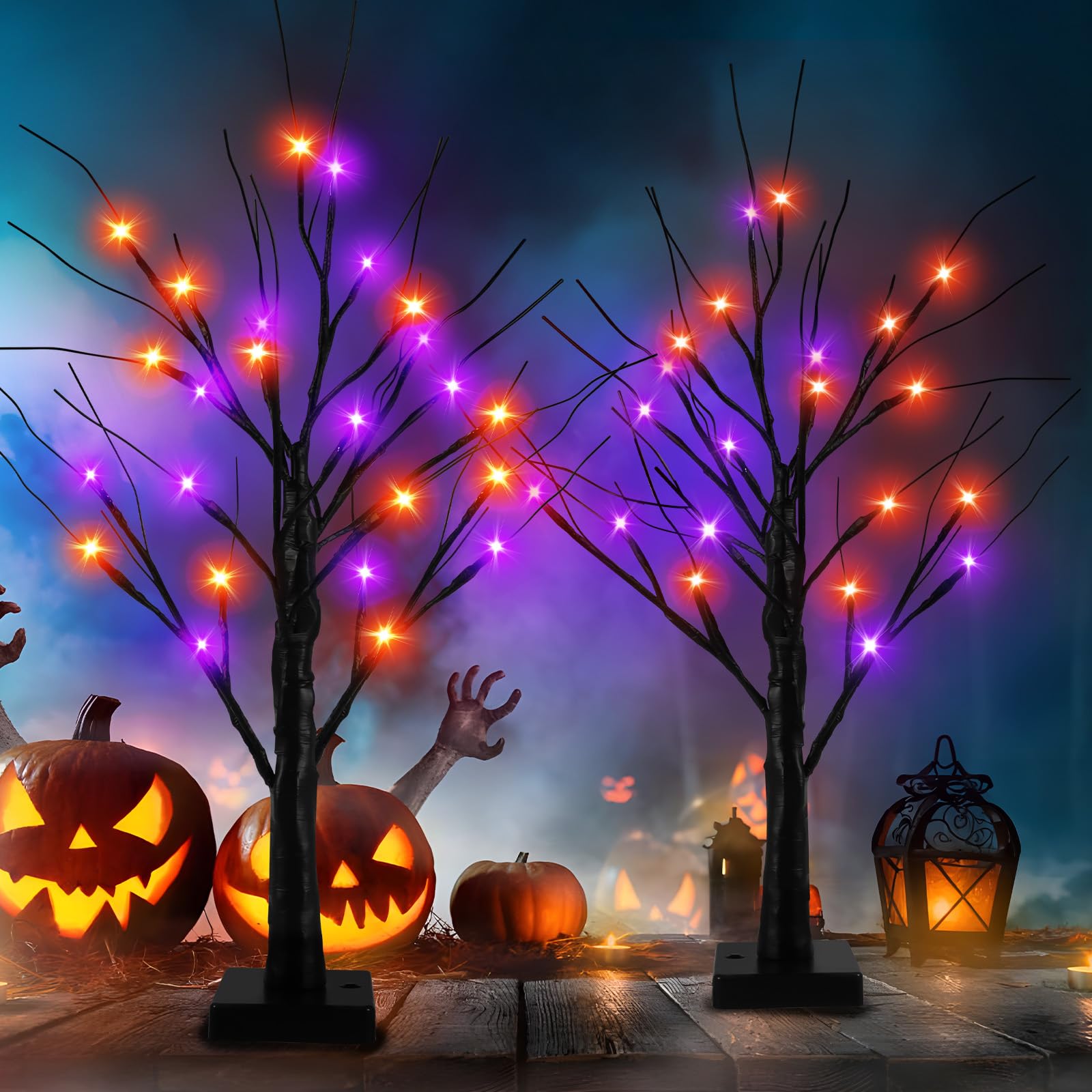Photo 1 of [Timer] 2 Pack 24 Inch Halloween Decorations Indoor Lighted Tree, Black Halloween Spooky Trees with 48 LEDs Orange & Purple Lights, USB/Battery Operated Tabletop Tree for Home Table Party Decor