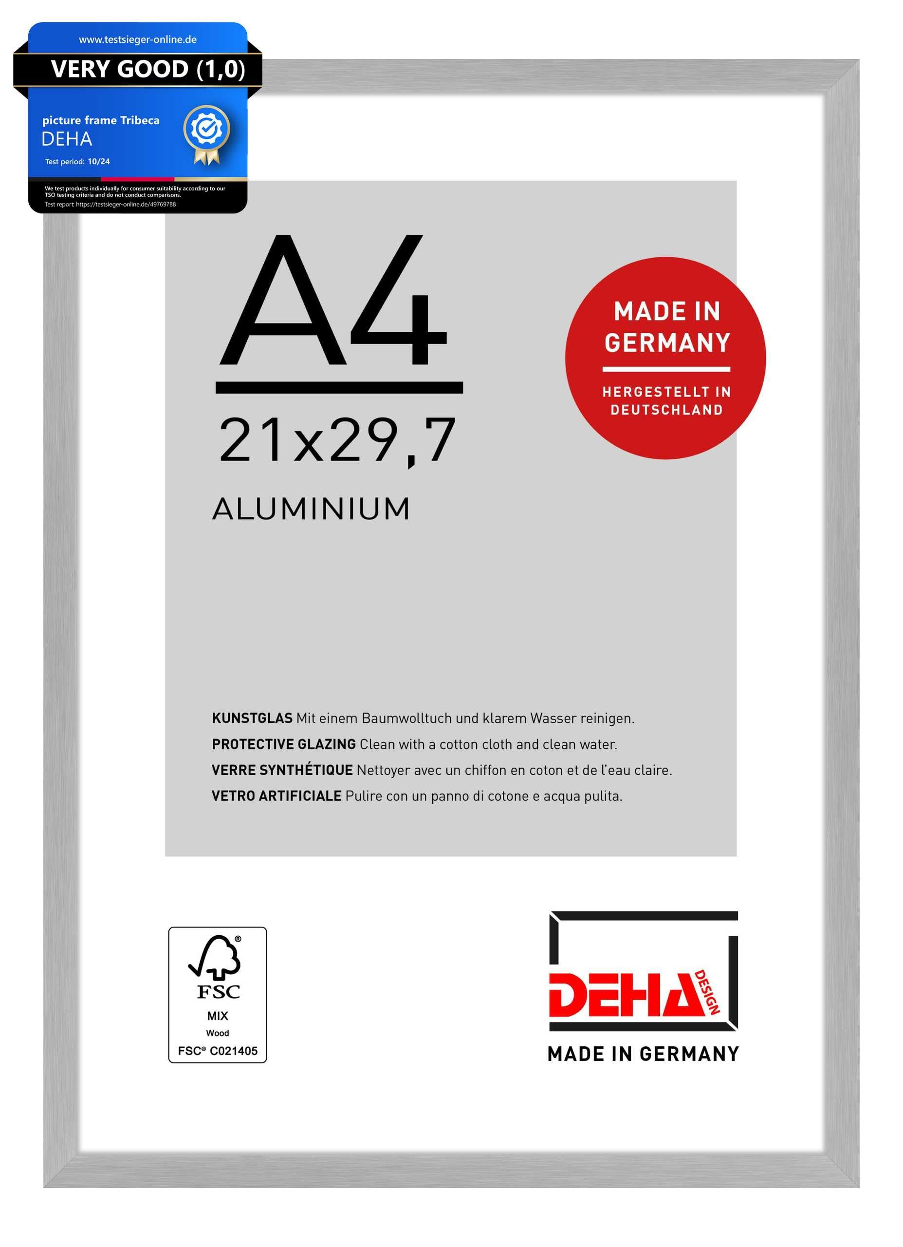 DEHA Design Tribeca Aluminium Picture Frame - A4 (21x29.7 cm) – Brushed Silver - with Synthetic Glass and Push/Turn Clips