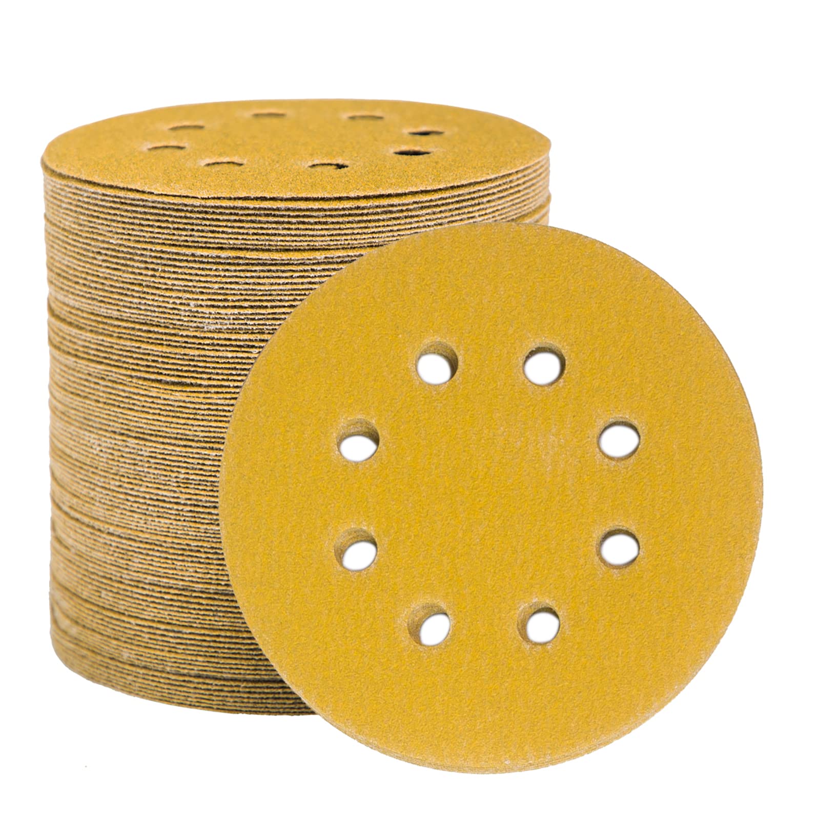 STEBRUAM 100pcs 125mm sanding discs, Sanding Discs Pads for Random Orbital Sander pads and All Oscillating Tools, yellow sanding discs 125mm Hook and Loop 100 Grit 8 Hole 5 Inch Round