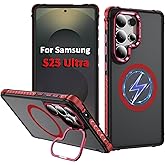 KETGII S25 Ultra Case, Magnetic for Samsung Galaxy S25 Ultra Case, Compatible with MagSafe Wireless Charging, Heavy Duty, Shockproof, Adjustable Kickstand, Slim Matte Anti-Fingerprint Red.